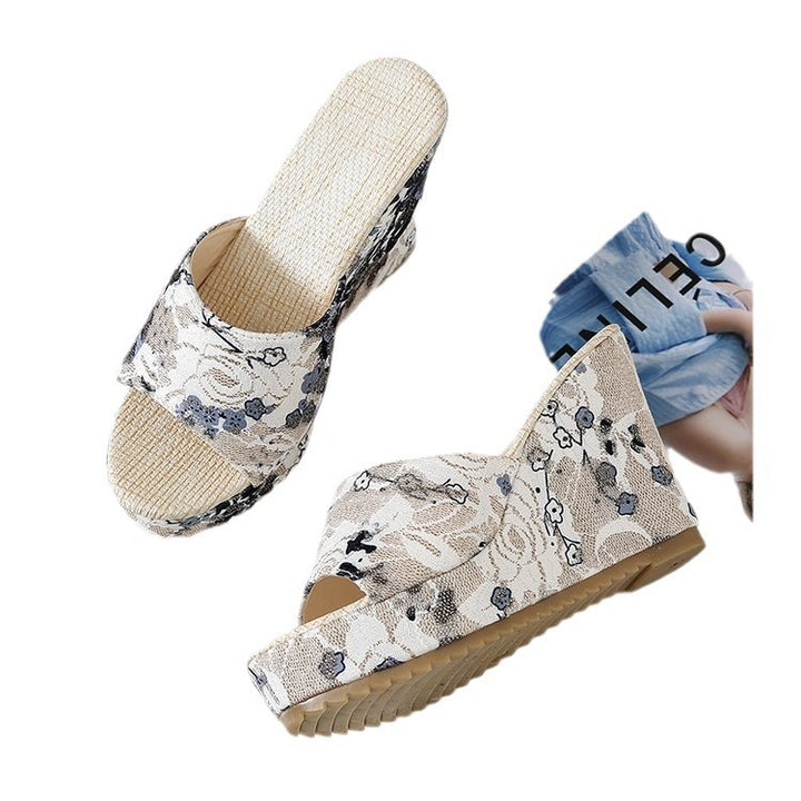 Damen Florale Brokat-Mules mit geflochtenem Jute-Plateau und ergonomischem Komfortfußbett Drune