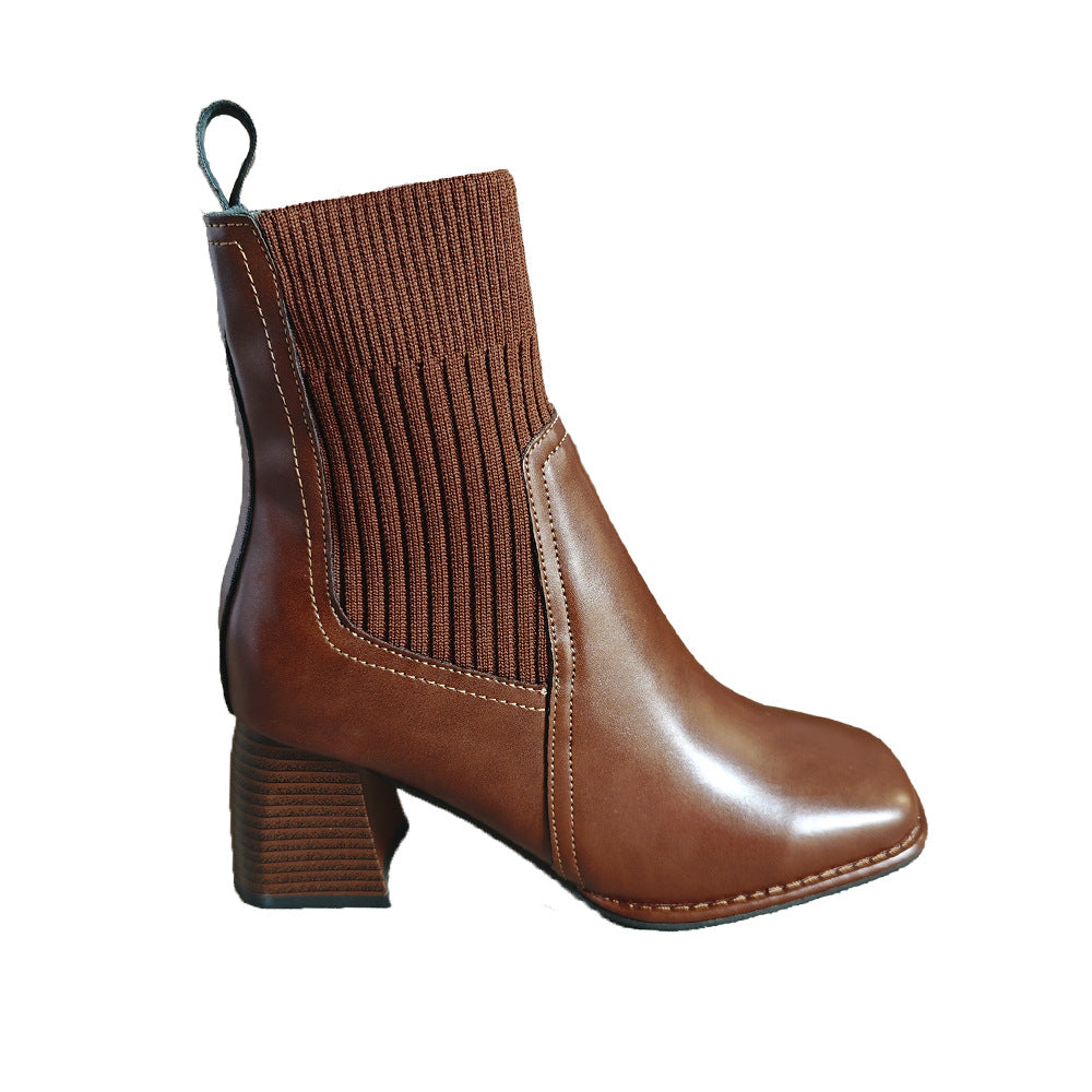 Damen Elegante Blockabsatz Stiefeletten mit Strickschaft Drune