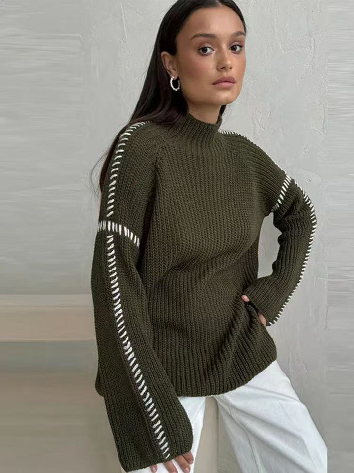 Damen Oversize-Strickpullover mit Stehkragen, Ballonärmeln und Ziernaht Drune