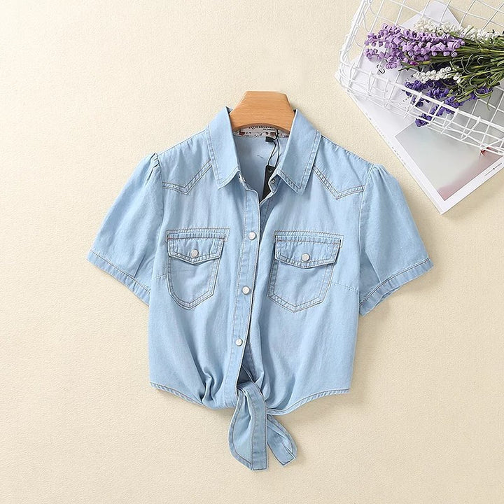 Damen Geknotete Denim Kurzbluse mit Brusttaschen und hochgekrempelten Ärmeln Drune