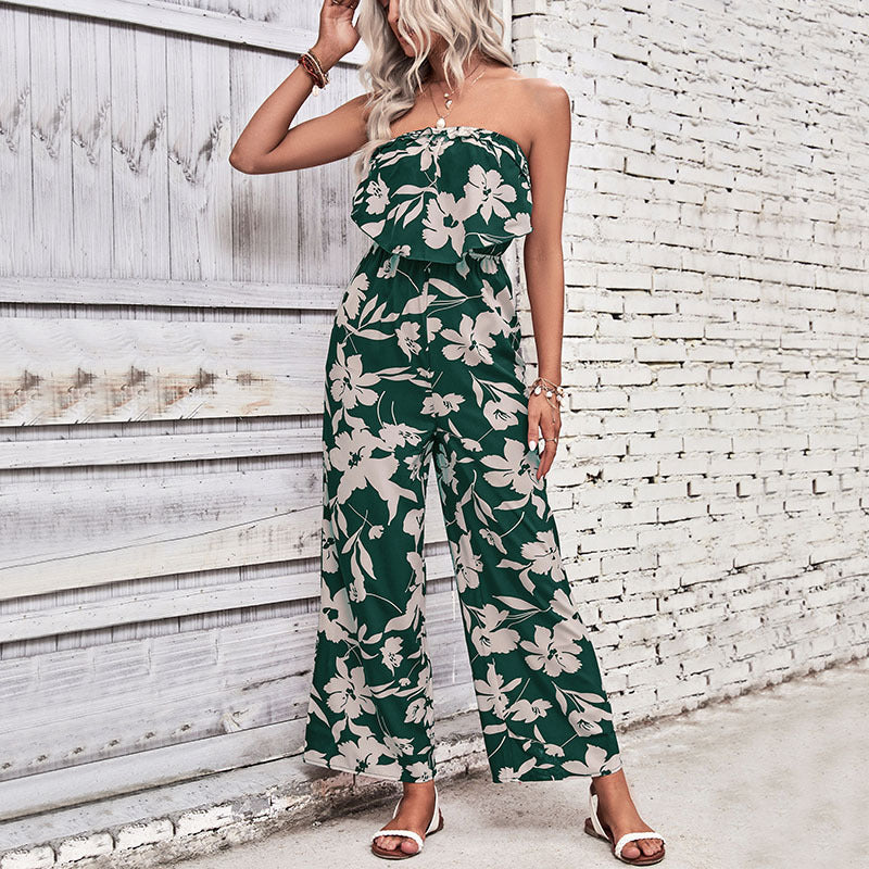 Damen luftiger Jumpsuit mit floralem Rüschenoberteil und weitem Bein Drune