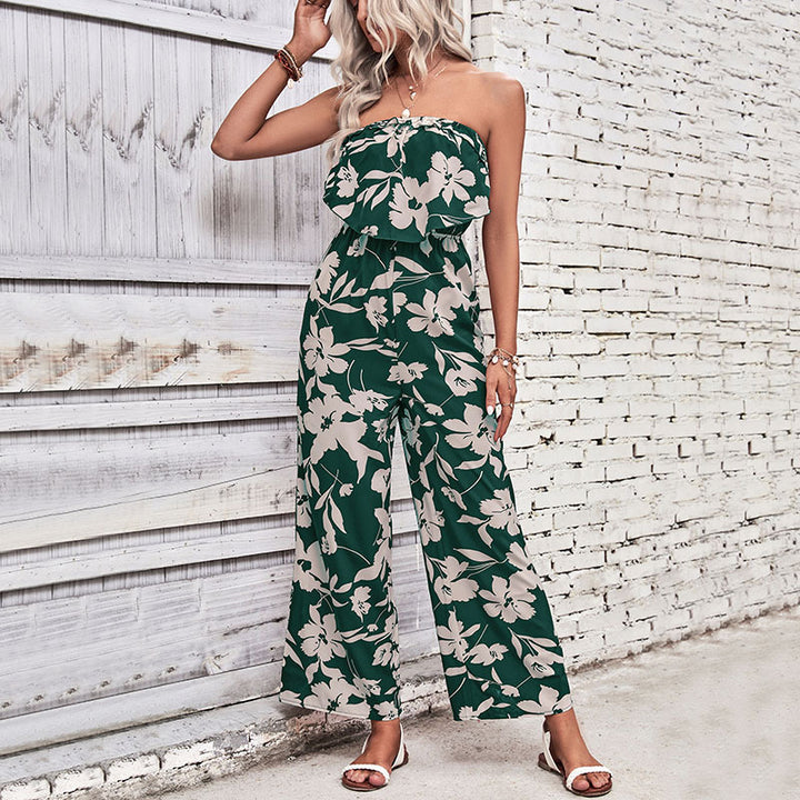 Damen luftiger Jumpsuit mit floralem Rüschenoberteil und weitem Bein Drune