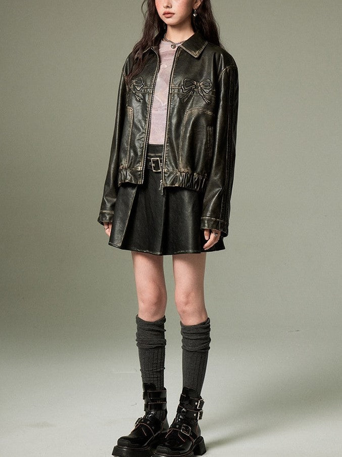 Drune | Bowknot Zip Up Lederjacke