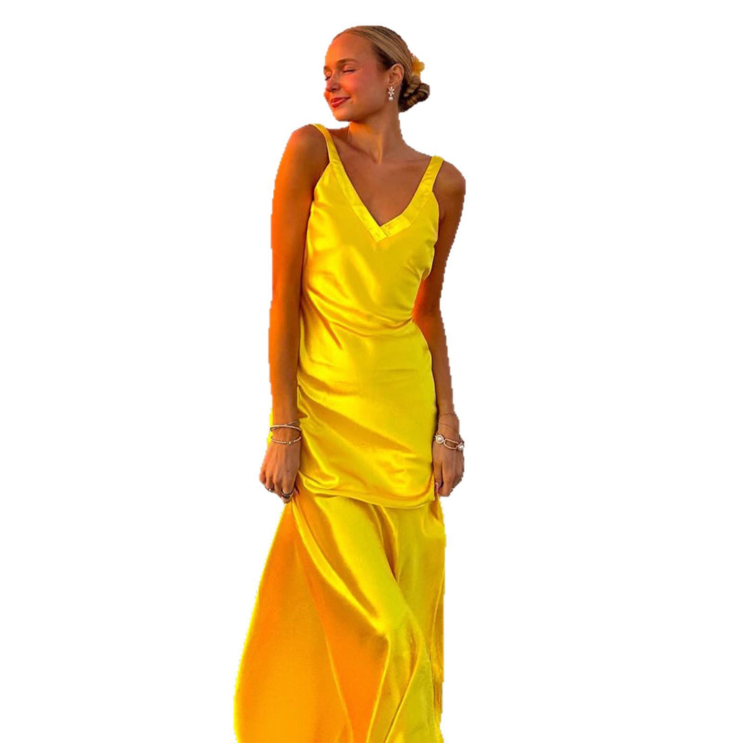 Damen Sommerliches Maxikleid mit elegantem V-Ausschnitt und fließender Silhouette Drune
