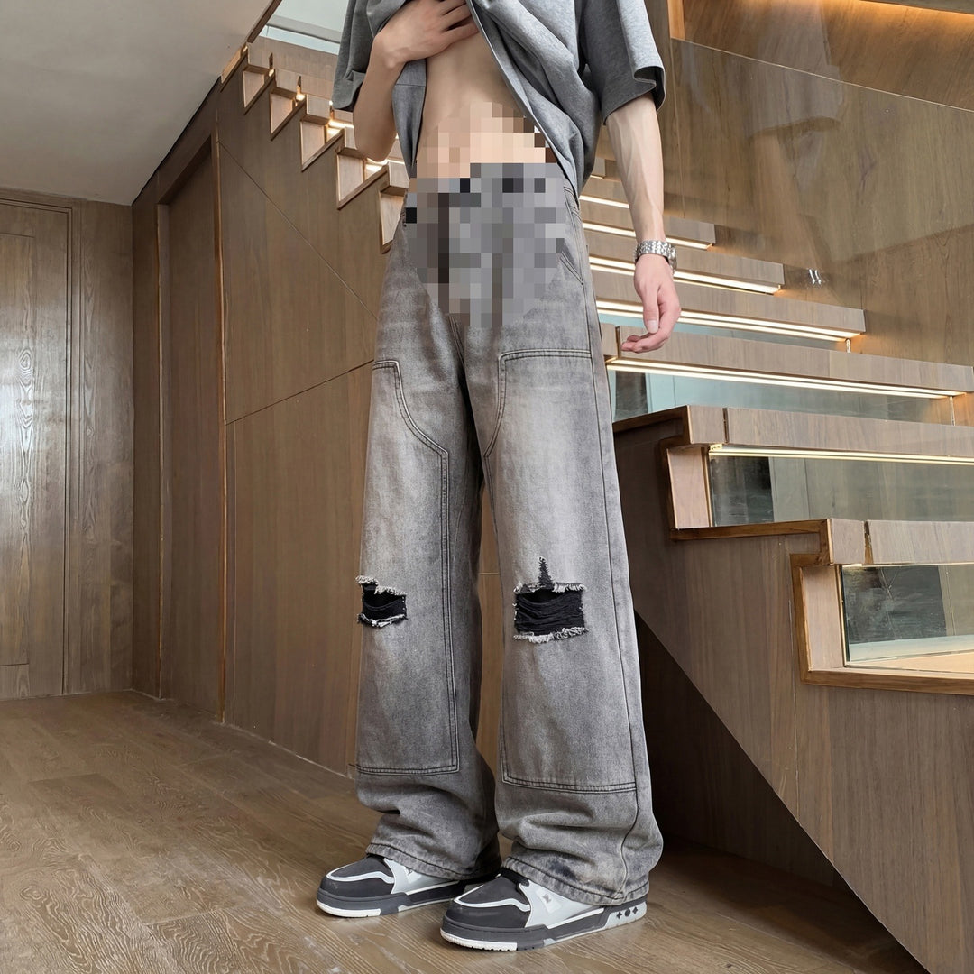 Herren Weite Baggy-Jeans mit Used‑Wash, Knie‑Rips & Utility‑Nähten Drune