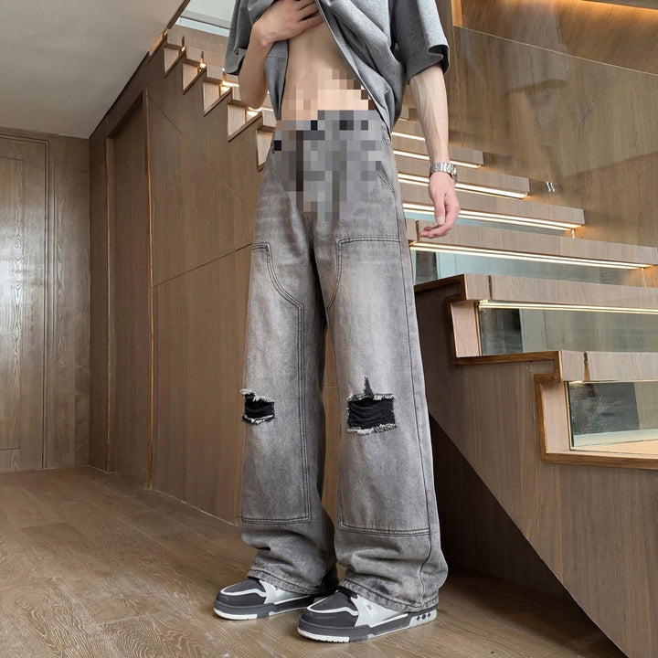 Herren Weite Baggy-Jeans mit Used‑Wash, Knie‑Rips & Utility‑Nähten Drune
