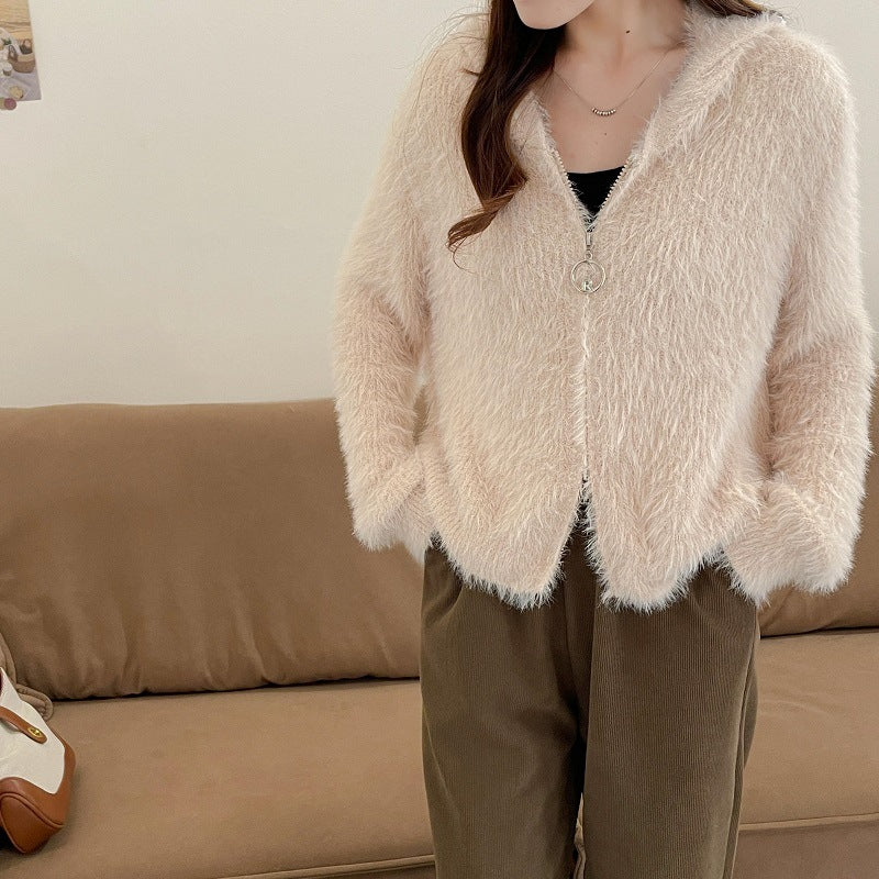 Damen kuschelige Strickjacke mit Kapuze und weichem Material Drune