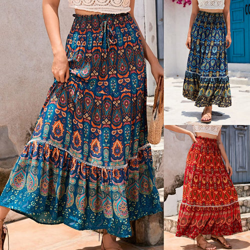 Damen nan Maxirock im Boho‑Stil mit Stufen, gerafftem Elastikbund und Paisley‑Print Drune
