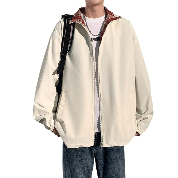 Herren Oversize‑Utility Übergangsjacke mit Reißverschluss und kontrastierendem Karo‑Innenkragen Drune