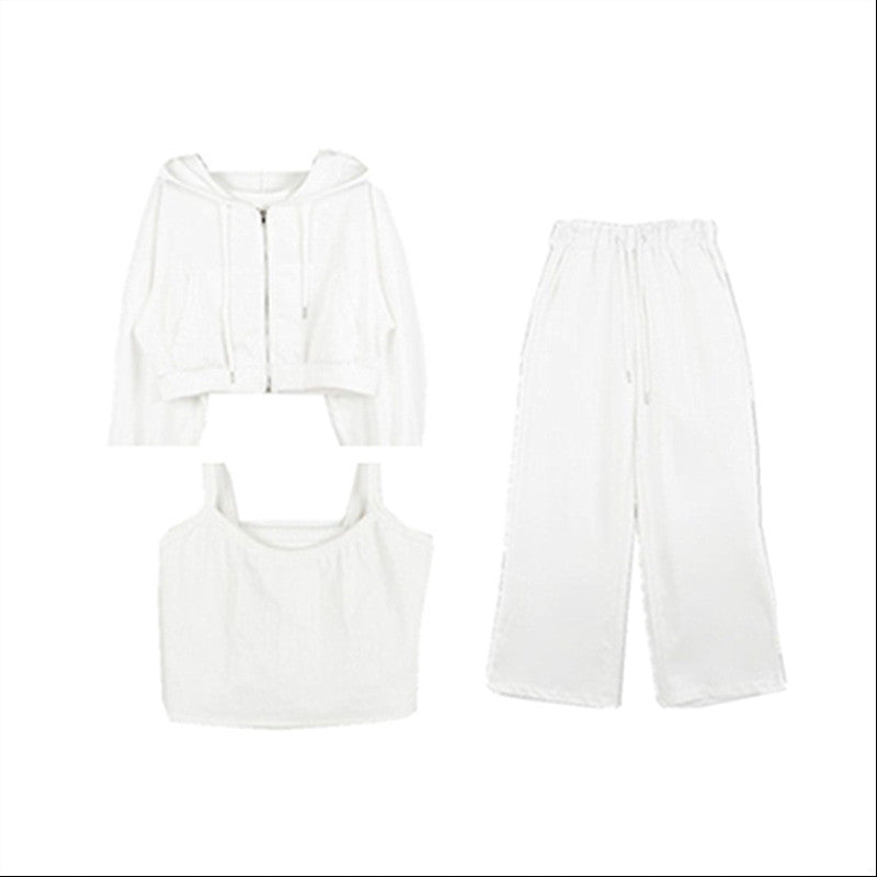 Damen modisches Drei-Teiliges Set mit cropped Hoodie, Tanktop und weiten Hosen Drune