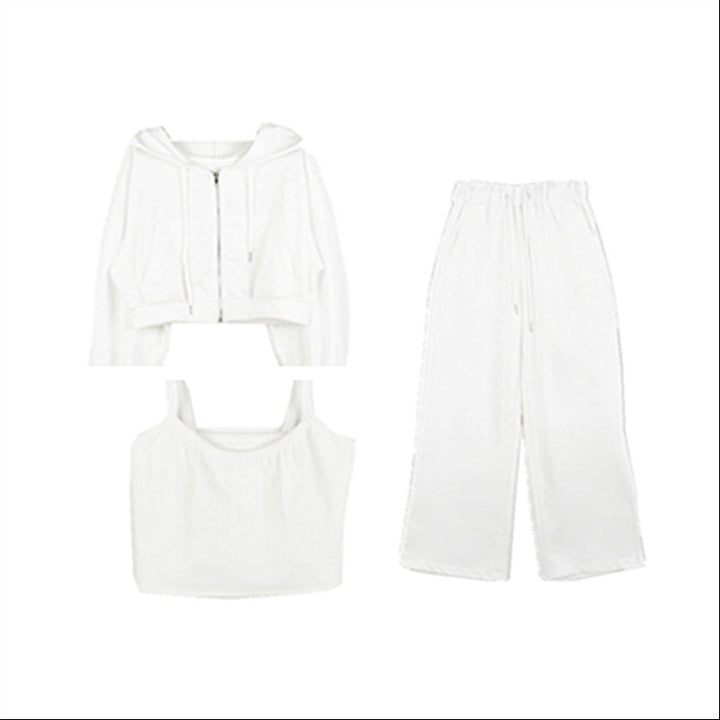 Damen modisches Drei-Teiliges Set mit cropped Hoodie, Tanktop und weiten Hosen Drune
