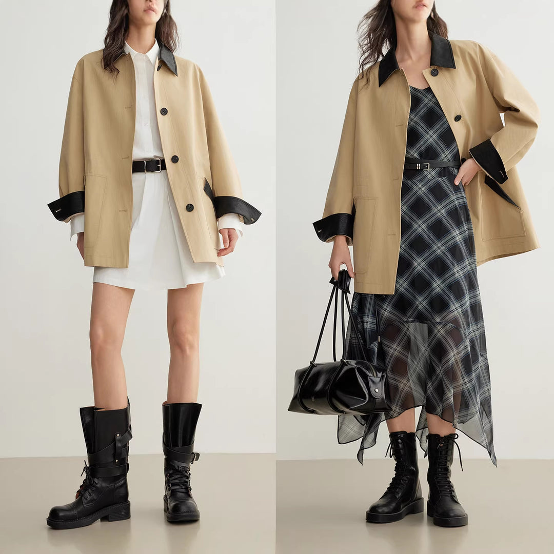 Damen Modische Oversized-Jacke mit Lederdetails Drune