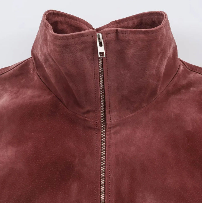 Damen Kurz geschnittene Wildlederjacke im Bomberstil mit Stehkragen, gerafftem Saum und Eingrifftaschen Drune