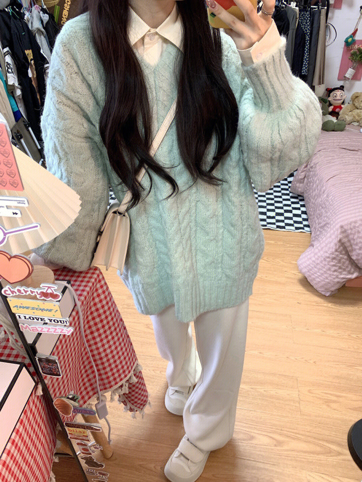 Damen Grobstrickpullover mit voluminösen Ärmeln und V-Ausschnitt Drune