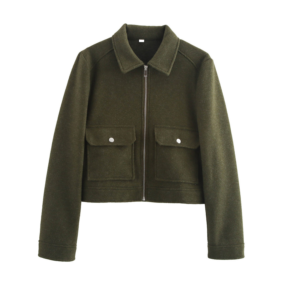 Damen 70+ kurze Wollmix‑Blousonjacke mit Reißverschluss, Hemdkragen und Pattentaschen Drune