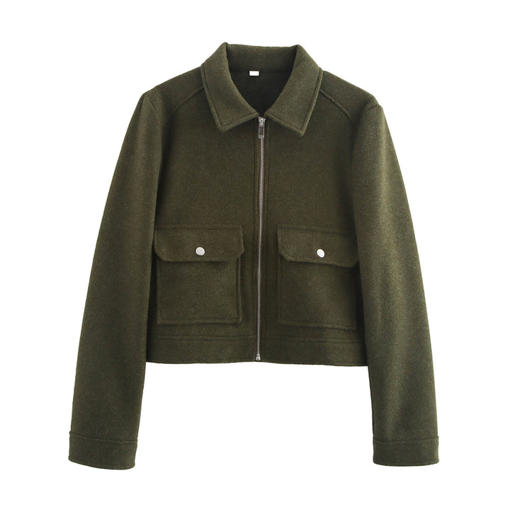 Damen 70+ kurze Wollmix‑Blousonjacke mit Reißverschluss, Hemdkragen und Pattentaschen Drune