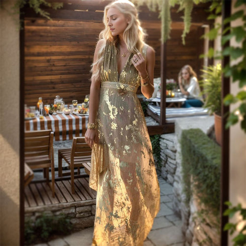 Damen Maxi-Hippiekleid mit zartem Schnitt und goldenem Blütenmuster Drune