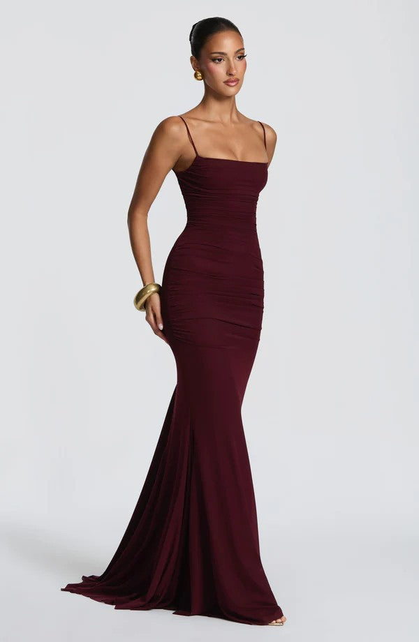 Damen Elegantes Tailliertes Maxikleid mit Raffungen Drune