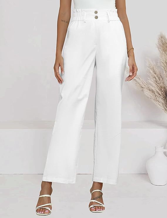 Damen weite Stoffhose mit elastischem Bund und modischen Knopfdetails Drune