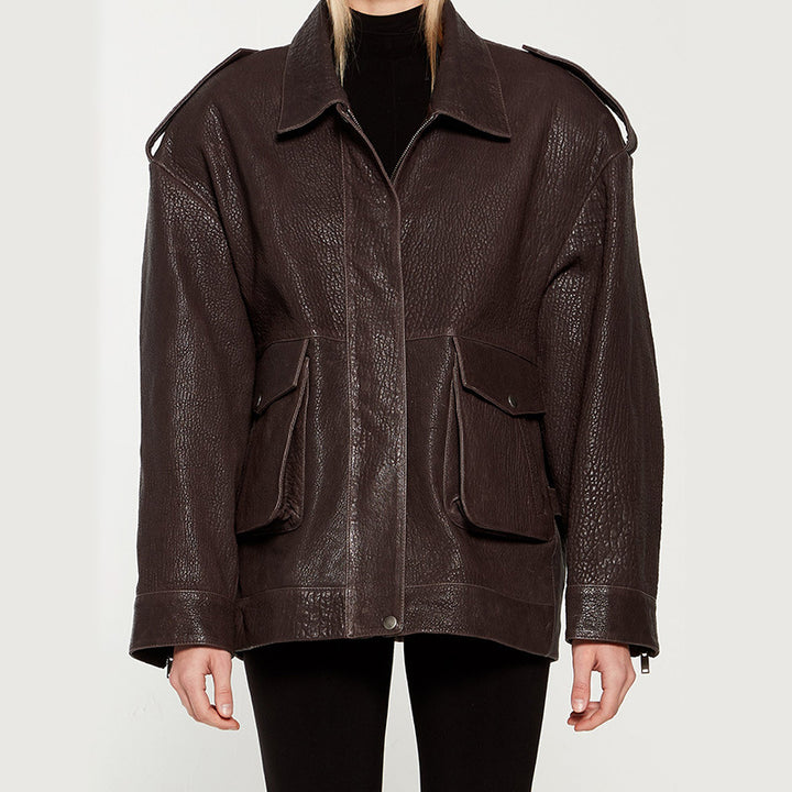 Damen Oversized Lederjacke im robusten Design mit praktischen Taschen Drune