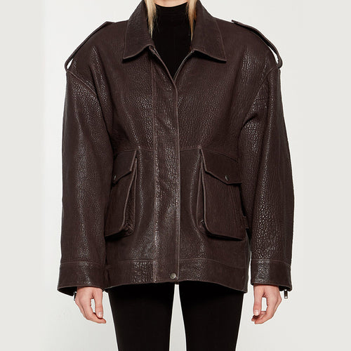 Damen Oversized Lederjacke im robusten Design mit praktischen Taschen Drune
