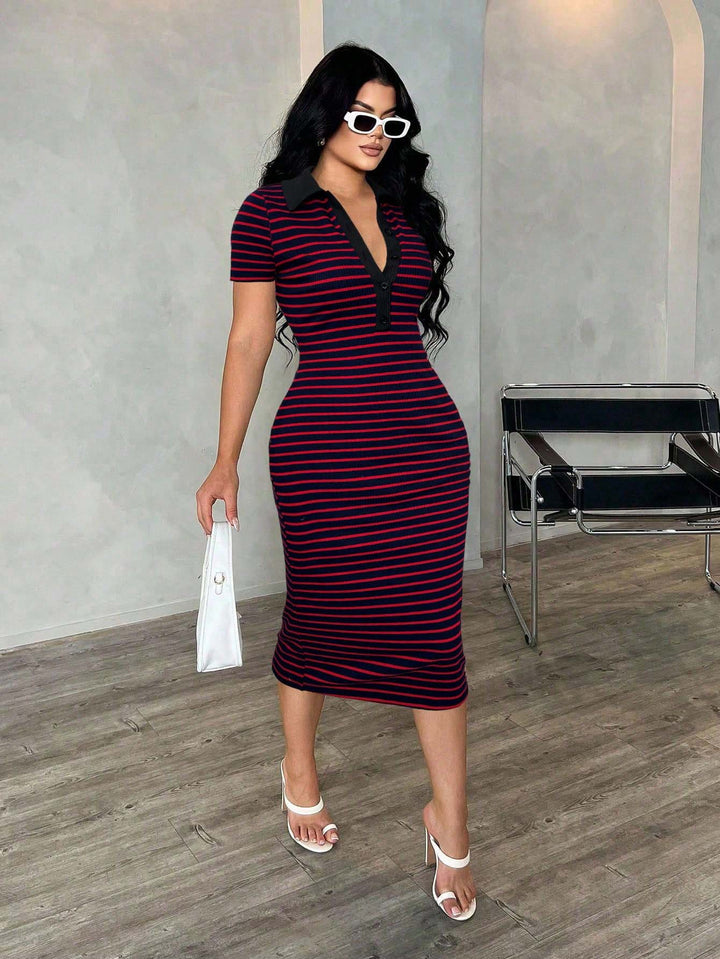 Damen Figurbetontes Polokleid im Streifen‑Look aus Rippstrick mit kurzem Ärmel Drune
