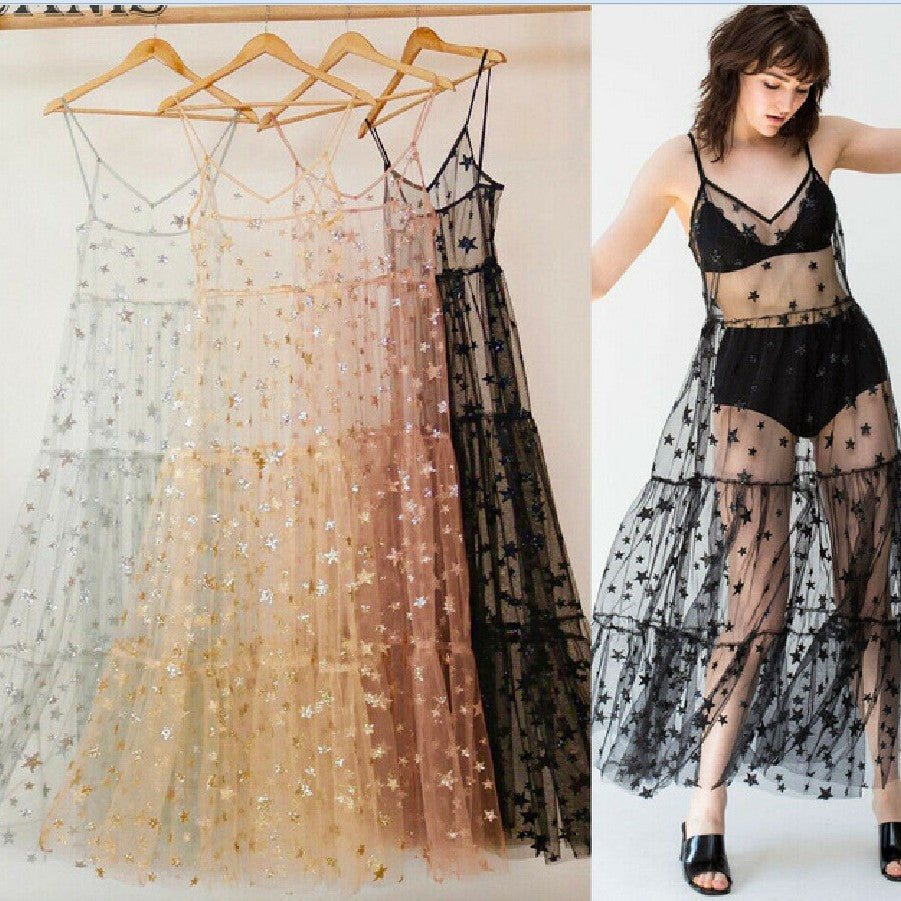 Damen Transparente Maxikleid aus Chiffon mit Sternen-Design und mehrlagigem Saum Drune