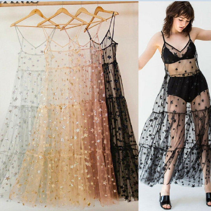 Damen Transparente Maxikleid aus Chiffon mit Sternen-Design und mehrlagigem Saum Drune