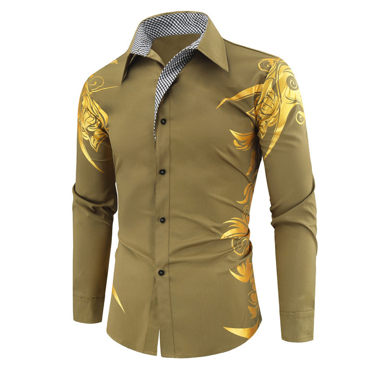 Herren Figurbetontes Button-Down-Hemd mit goldverzierter Ornamentik und kontrastiertem Innenkragen Drune