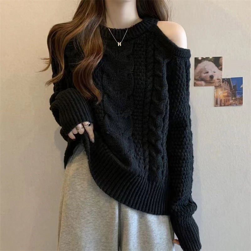 Damen Grobstrickpullover mit asymmetrischem Schulterdesign und Zopfmuster Drune