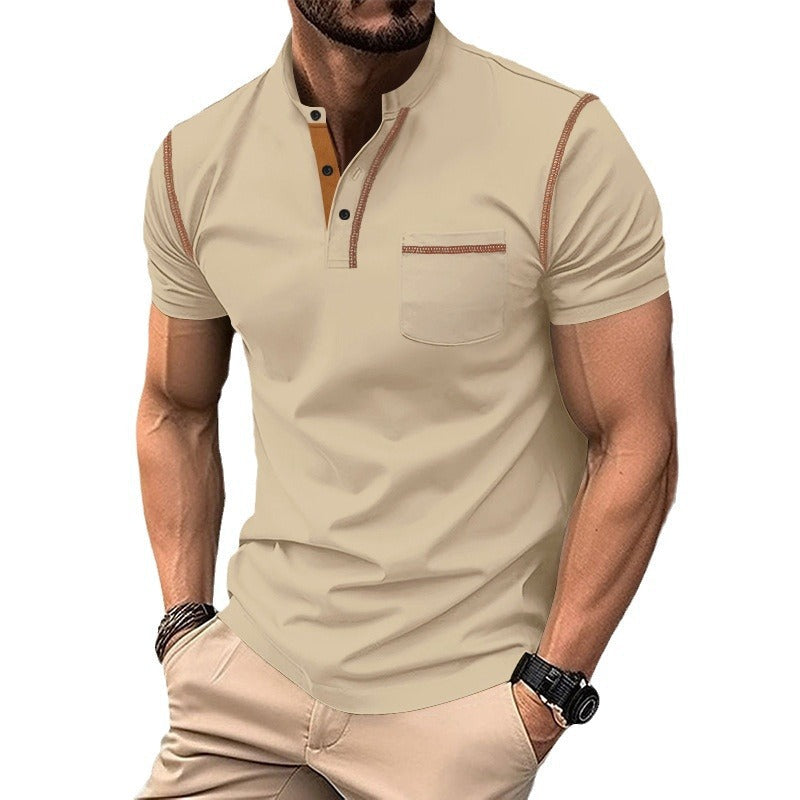 Herren nan Kurzarm-Polo im Henleystil mit Stehkragen, Brusttasche und Kontrastnaht Drune