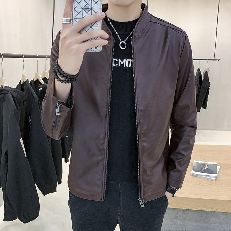Herren schmal geschnittener Kunstleder Flightblouson mit minimalistischem Stehkragen und verdeckter Reißverschlussleiste Drune