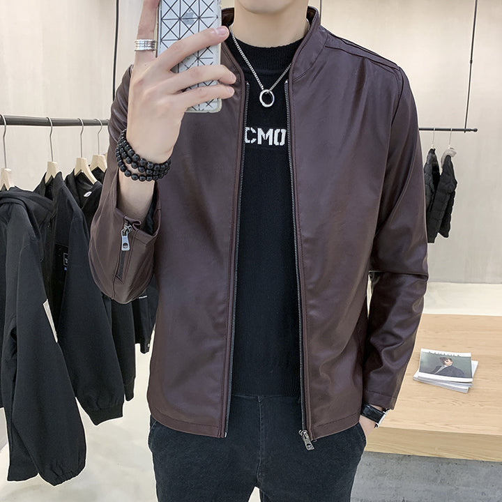 Herren schmal geschnittener Kunstleder Flightblouson mit minimalistischem Stehkragen und verdeckter Reißverschlussleiste Drune