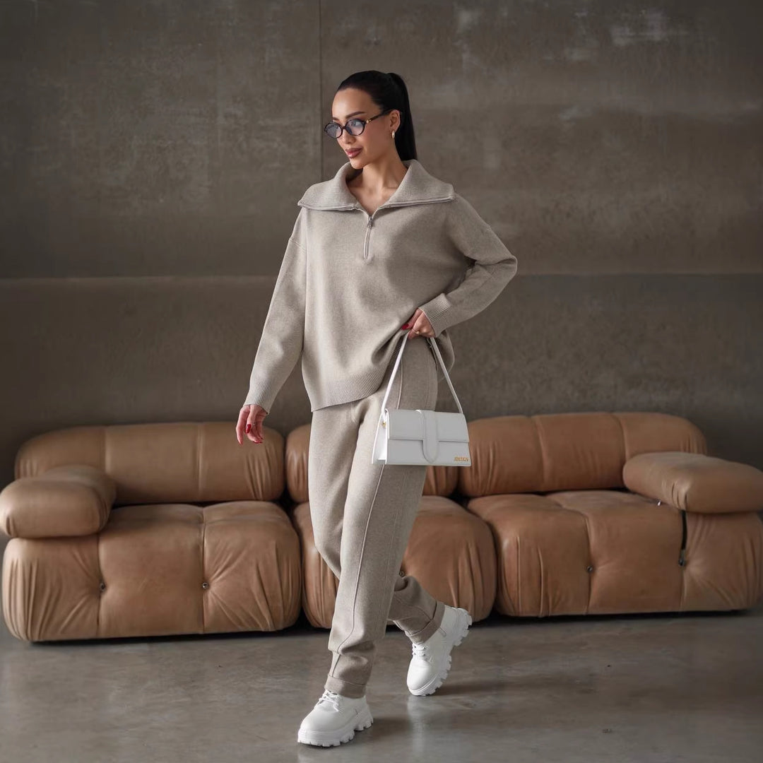 Damen elegantes Sweatshirt- und Jogginghose-Set mit hohem Kragen und Reißverschluss Drune