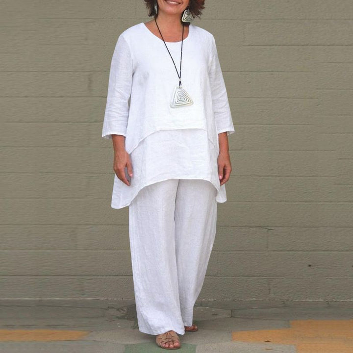 Damen Lässiges Zweiteiliges Leinen-Set mit Oversize-Tunika und weiter Palazzo-Hose Drune