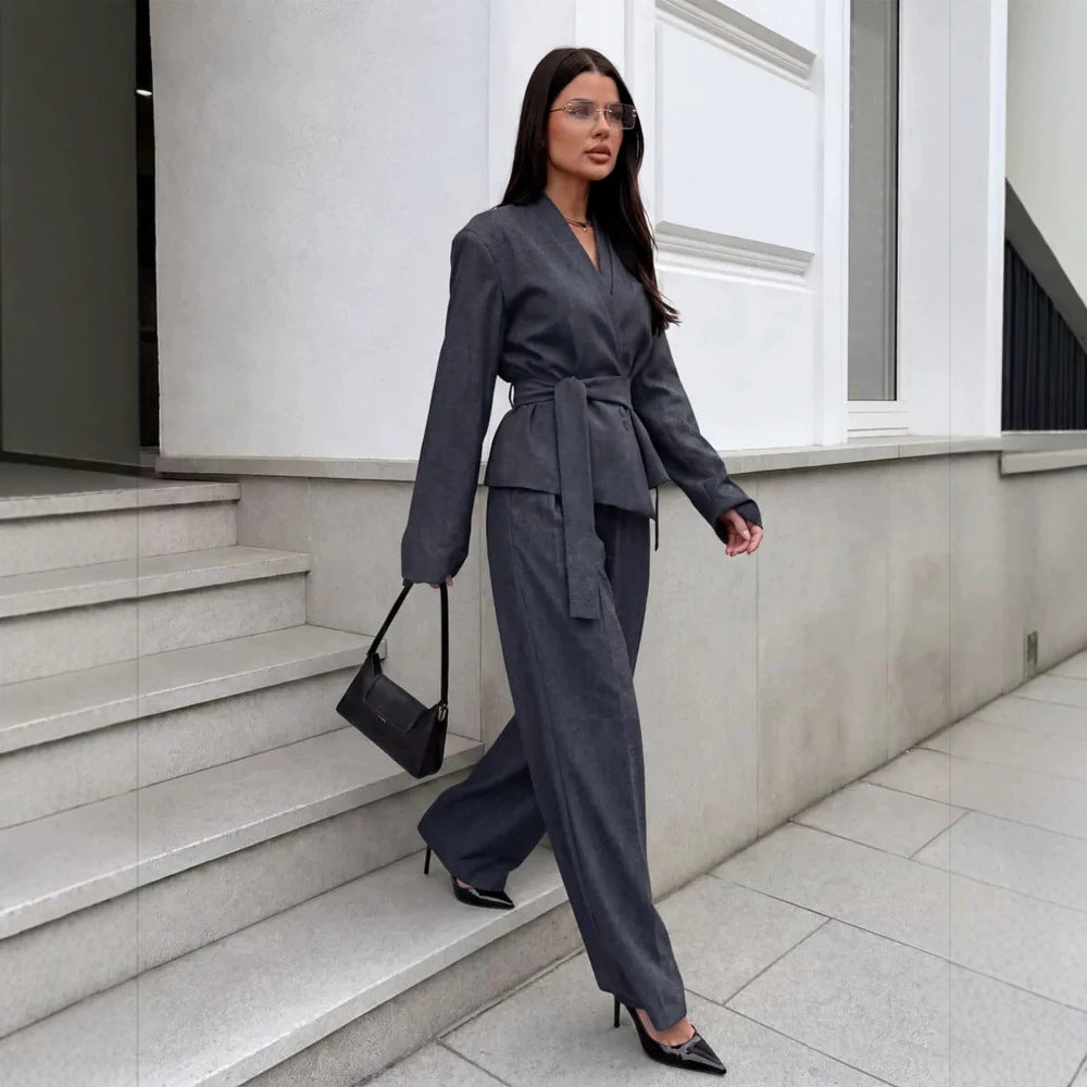 Damen Elegantes Wickelblazer-Set mit Taillengürtel und weiter Bundfaltenhose Drune