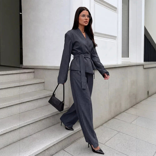 Damen Elegantes Wickelblazer-Set mit Taillengürtel und weiter Bundfaltenhose Drune