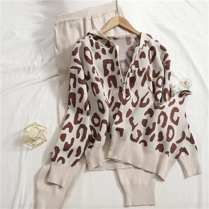 Damen gemütliches Strick-Loungewear-Set mit Leopardenmuster Drune