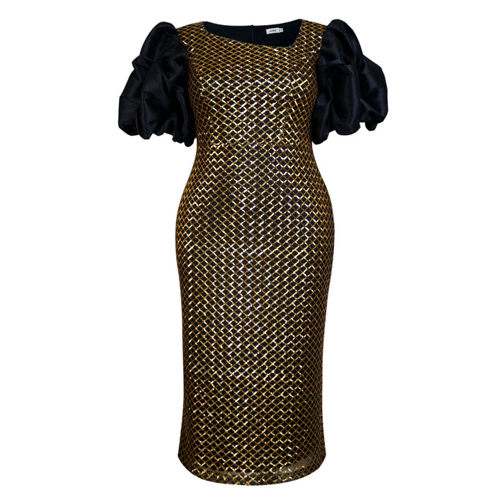 Damen Elegantes Cocktailkleid mit voluminösen Puffärmeln und schimmerndem Netzdesign Drune
