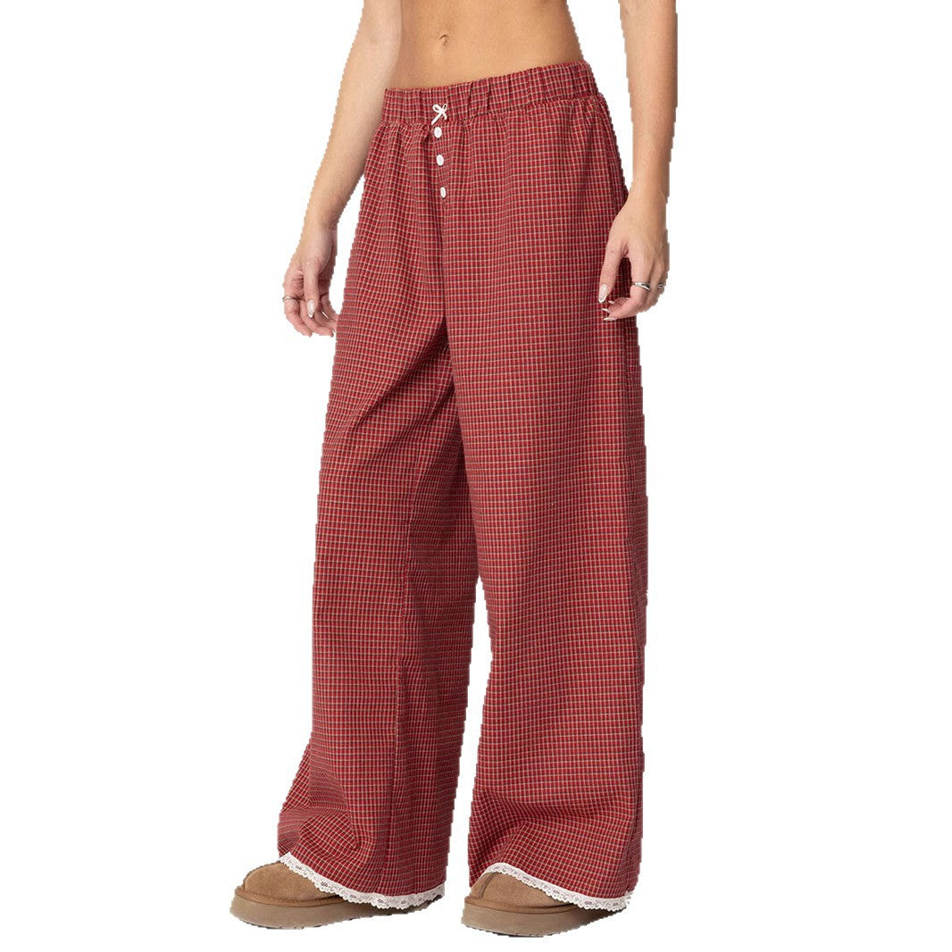 Damen Weit geschnittene Karohose mit Spitzendetails Drune