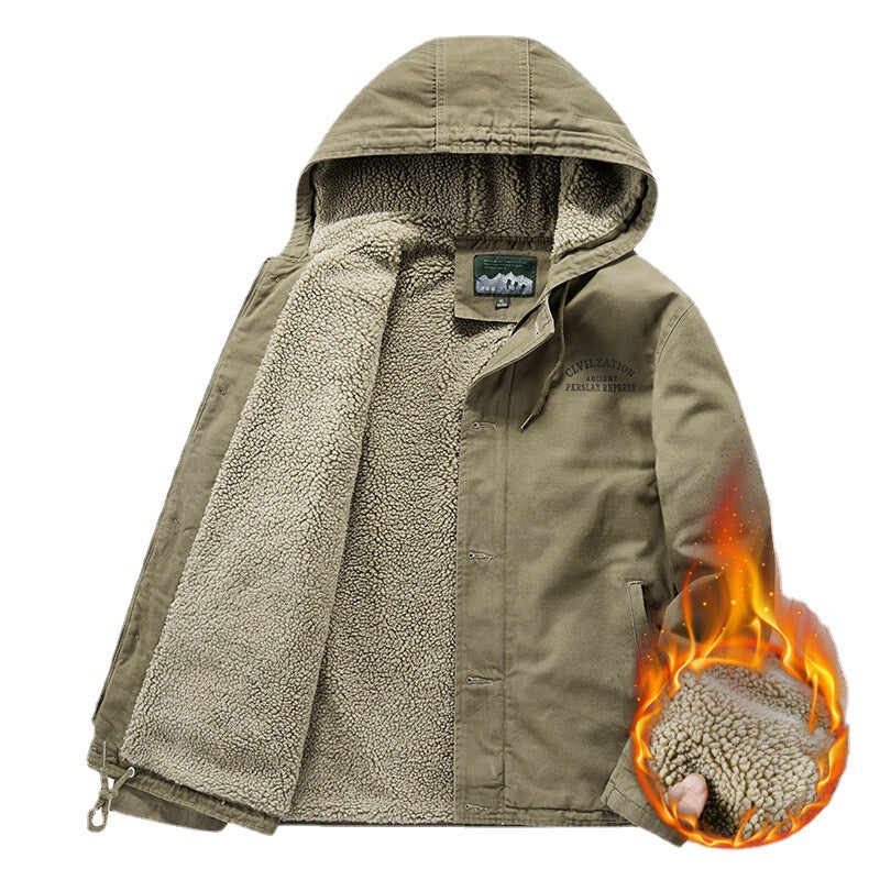 Herren Outdoor-Canvasjacke mit Voll-Sherpa-Innenfutter, Kapuze und Thermo-Isolierung Drune