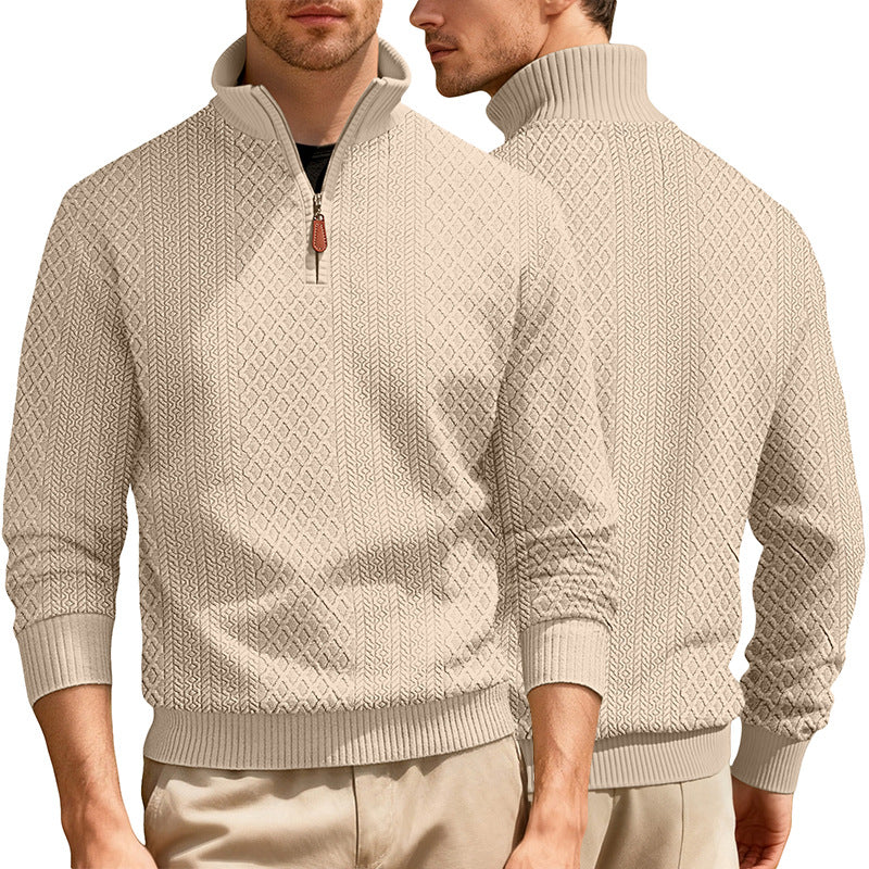 Herren nan feinstrukturierter Halbzip-Pullover im Jacquard-Relief mit hohem Stehkragen und Leder-Zipper Drune