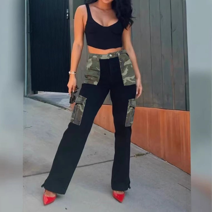 Damen High-Waist Utility-Jeans mit Camouflage-Paneelen und aufgesetzten Cargotaschen Drune
