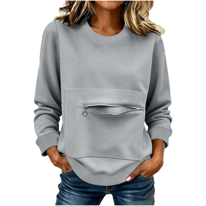 Damen nan locker geschnittenes Sweatshirt mit Frontreißverschlusstasche und Rundhalsausschnitt Drune