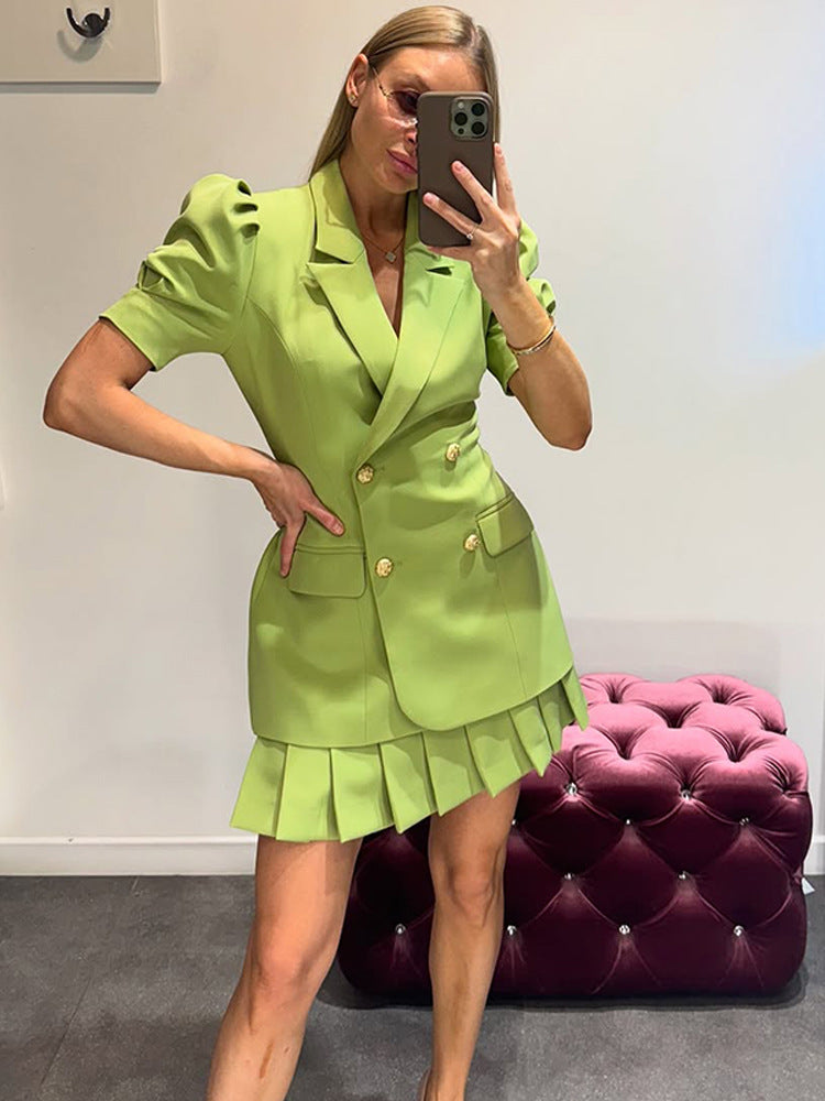 Damen Doppelreihiges Blazerkleid mit Puffärmeln und plissiertem Saum Drune