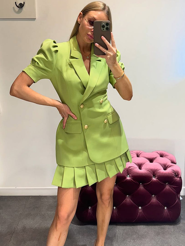 Damen Doppelreihiges Blazerkleid mit Puffärmeln und plissiertem Saum Drune