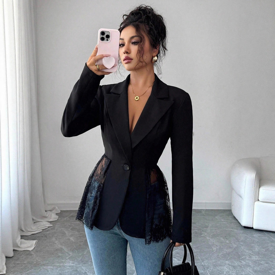 Damen nan taillierter Blazer mit Spitzenbesatz und tiefem V-Ausschnitt Drune