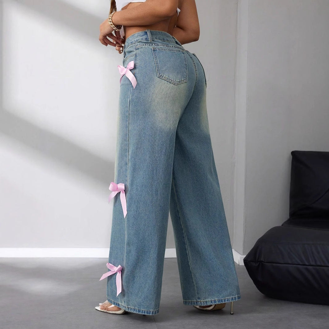 Damen weite High-Waist Jeans mit dekorativen Schleifenapplikationen Drune