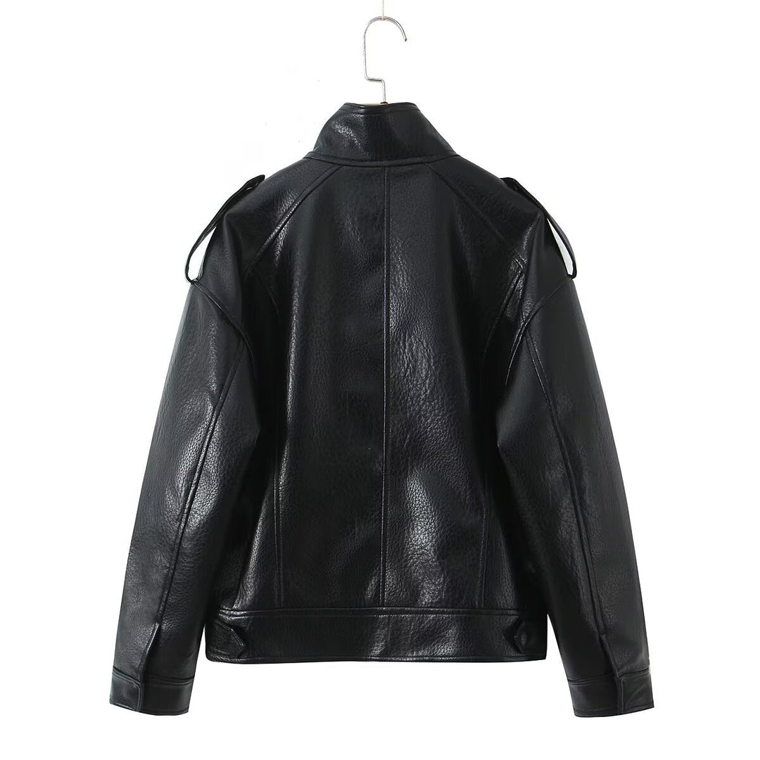 Damen Cropped Bomberjacke aus Kunstleder mit hohem Stehkragen und Schulterklappen Drune