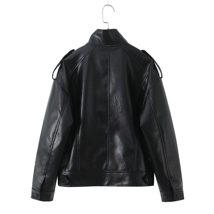 Damen Cropped Bomberjacke aus Kunstleder mit hohem Stehkragen und Schulterklappen Drune